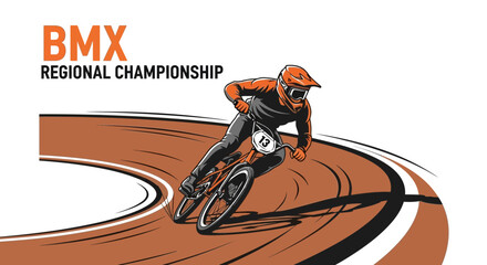 Obraz premium BMX Regional Championship Action Rider Speeding Around Dirt Track Corner