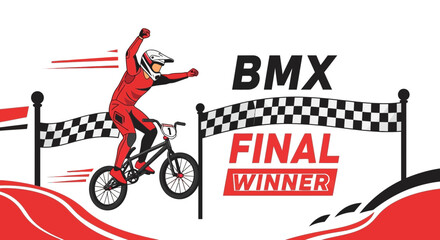 Obraz premium BMX Rider Celebrates Victory Crossing Finish Line After Intense Race