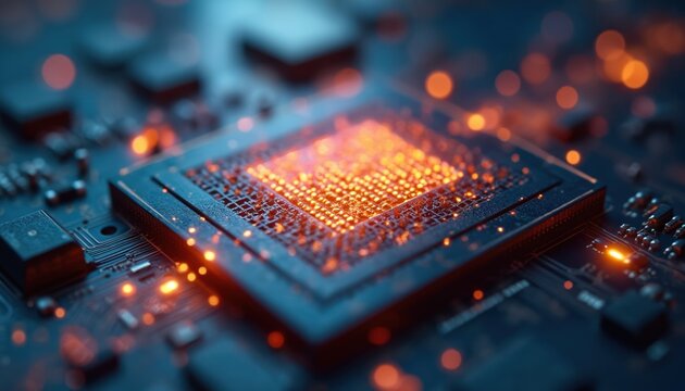 Close up view of computer processor chip glowing with orange light. Microchip on motherboard with many circuits and components. Technology abstract background.