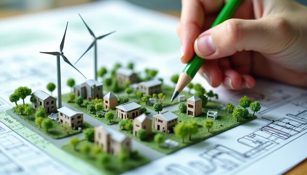 Architectural model of eco town with wind turbines and houses. Hand draws blueprint for sustainable urban development project, green energy city concept.