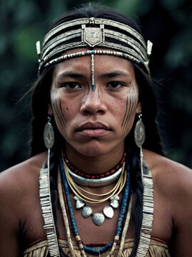 Brazilian Indigenous Woman in Traditional Dress Standing in Amazon Rainforest