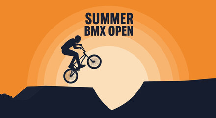 Naklejka premium BMX Summer Event Announcement: Dynamic Silhouette of Rider Performing Stunt against Sunset