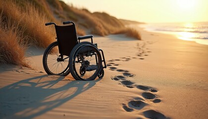 Fototapeta premium Empty wheelchair sits on sandy beach with footprints trailing away toward ocean waves, sunset. Scene evokes themes of isolation, mobility challenges, resilience. Accessibility is key consideration.