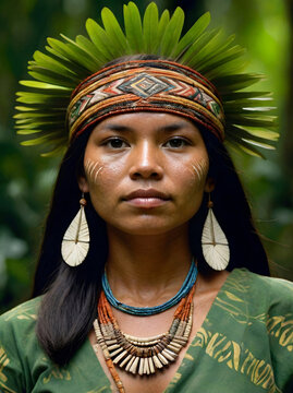 Brazilian Indigenous Woman in Traditional Dress Standing in Amazon Rainforest