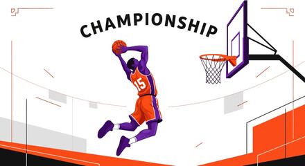 Fototapeta premium Championship Basketball Player Slam Dunking with a Ball Toward the Basket Illustration
