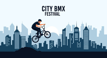 Fototapeta premium City BMX Festival Event: A High-Flying Stunt Performance Against Urban Backdrop