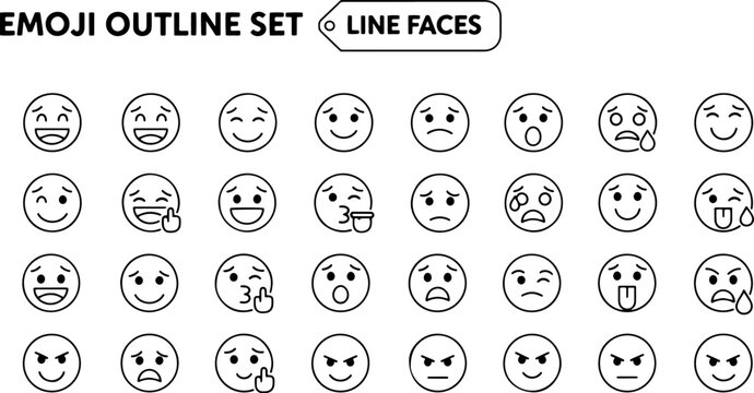 Black and white line face emojis.