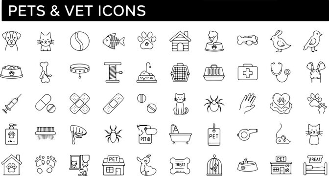 Black and white line icons of pets and veterinary care.