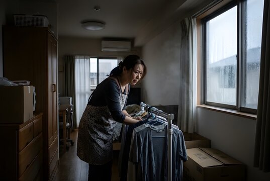 梅雨の湿気で部屋干しに困る女性の室内風景｜雨の日の生活イメージ（AI生成）