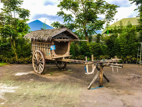 Rustic wooden wagon with thatched roof in green rural landscape with trees and mountains under cloudy sky.