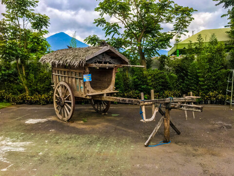 Rustic wooden wagon with thatched roof in green rural landscape with trees and mountains under cloudy sky.