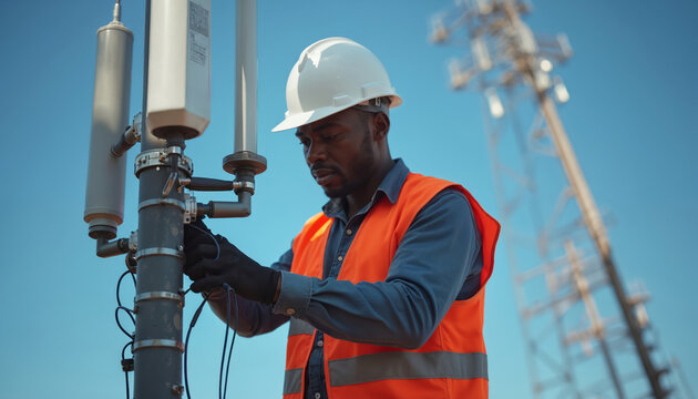 Technician wearing safety vest and hard hat works on cellular antenna pole. He connects wires on equipment against blue sky. Another tower in distance.