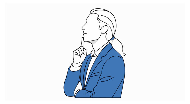 A flat vector illustration profile of a man with a ponytail wearing a blue suit with his hand on his chin in a thinking pose on a white background.