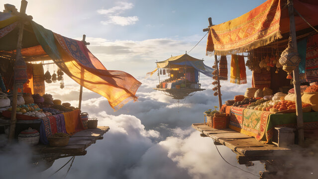 Traditional Floating Market Hovering Above the Clouds at Sunset