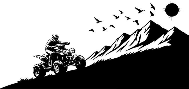 A black and white illustration of a person riding an atv through mountains