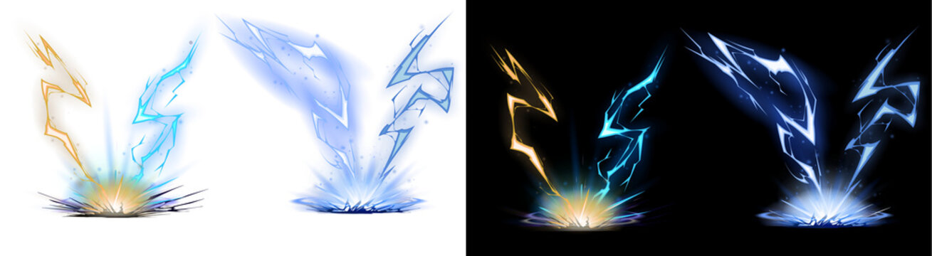 A PNG image of&nbsp;Dynamic collection of vibrant orange and electric blue lightning strike visual effects emanating powerful energy bursts on transparent background