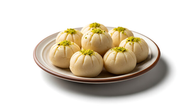 Traditional White Milk Peda Sweets Garnished with Chopped Pistachios Served on a Plate, Authentic Indian Mithai Made from Condensed Milk, Soft and Creamy Dessert for Festive Celebrations.