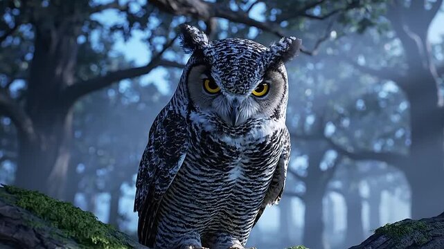 Owl perched on tree branch forest.