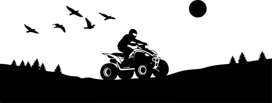 A black and white illustration of a person riding an atv through mountains