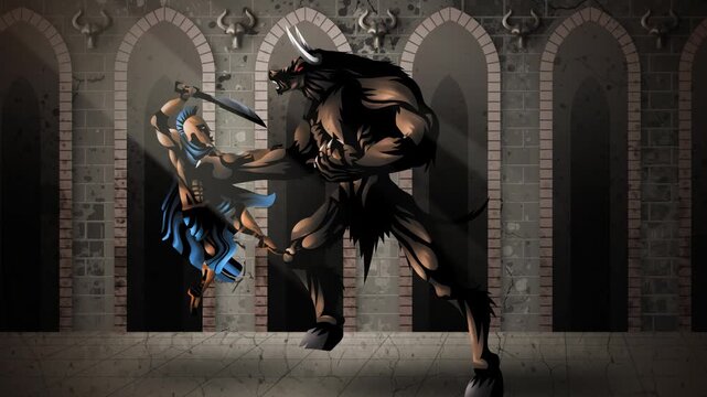 minotaur holding theseus fighting with sword in labyrinth