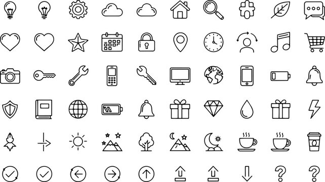 Collection of various line icons.