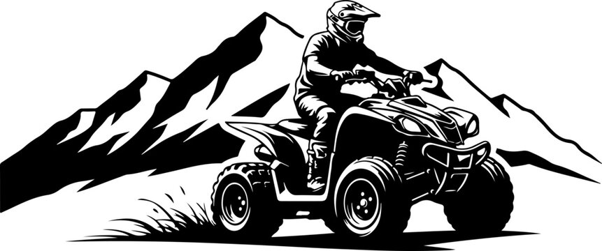 A black and white illustration of a person riding an atv through mountains