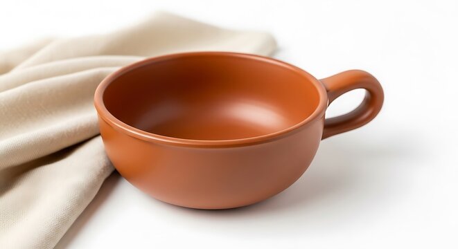Terracotta ceramic soup bowl with handle, rustic clay mug for broth and stew, handmade earthenware pottery on white background with linen napkin