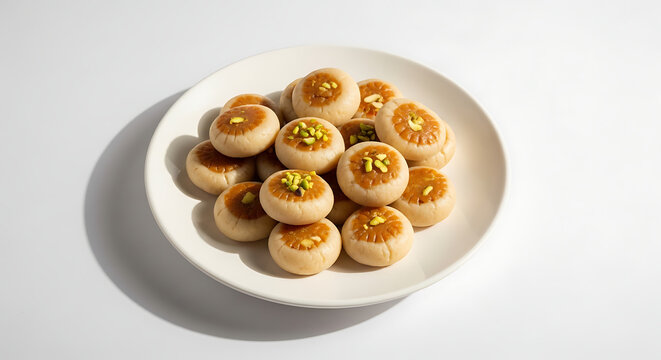 Heap of Traditional Indian Peda Milk Fudge Sweets Garnished with Pistachios and Saffron, Authentic Festive Mithai Arranged on a Plate, Soft and Creamy South Asian Confectionery.