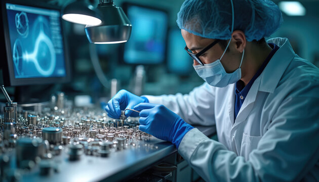 Scientist in lab coat and mask uses tweezers for precision assembly of small tech parts. Focus on detail work with optical components under bright light. Research in clean room setting.