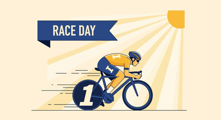 Fototapeta premium Cyclist in Action on Race Day with Sunburst Background, Winning Number One Sign
