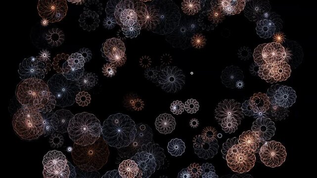 Floating Spirograph Rose Curves in Copper and Silver on Black. Created in After Effects.
