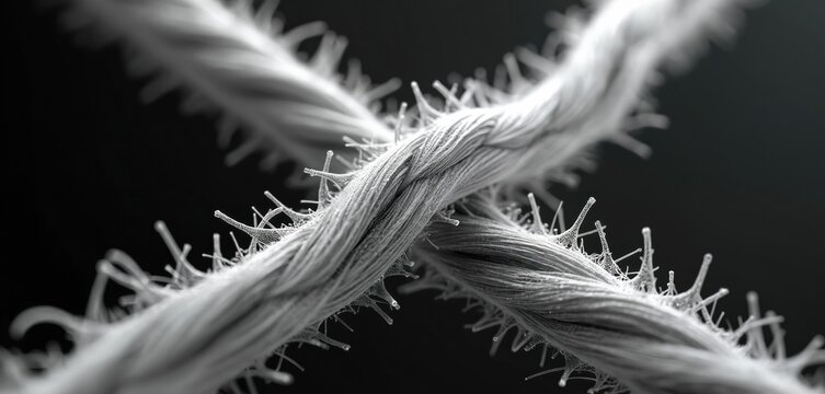 Extreme close-up microscopic view of intertwined hair strands showing detailed fiber structure. Visible cuticle scales form a rough texture on the healthy hair shafts. Scientific, organic.
