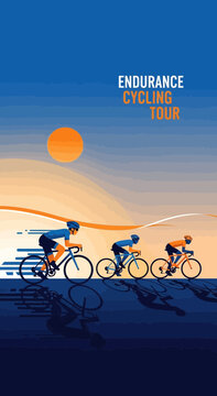 Depicting Endurance Cycling Tour with Riders Silhouetted Against a Vibrant Sunset Landscape