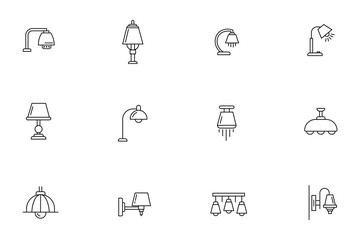 Fototapeta premium Lamp and lighting fixture thin line icons set, collection of modern interior light symbols including desk, floor, wall and ceiling lamps