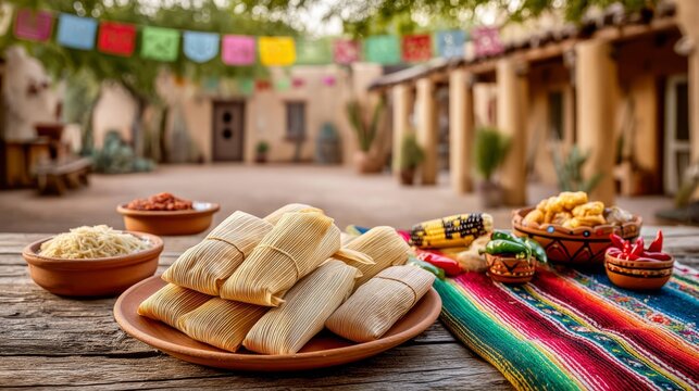 Colorful Tamales Wrapped in Corn Husks Surrounded by Traditional Ingredients