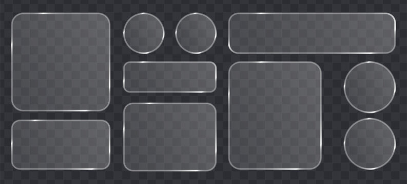 Set of glassmorphism buttons and frames with glossy borders