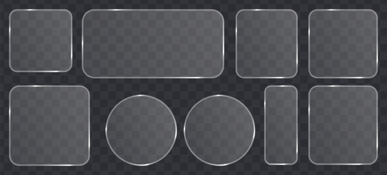 Set of glassmorphism frames, frosted glass plates, transparent ui elements with glossy borders