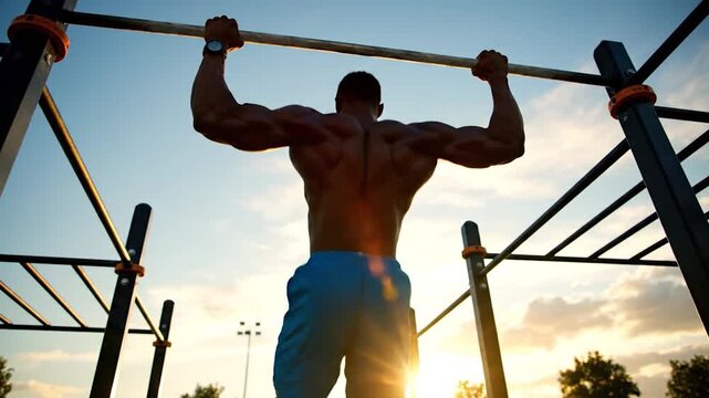 Muscular person performing pull-ups on a bar outdoors at sunset