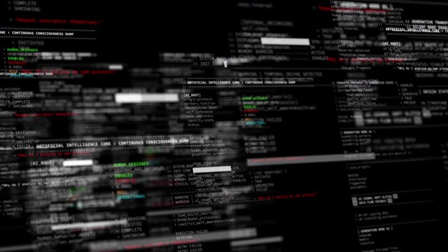 Fictional programming code and software development interface, technology workspace concept