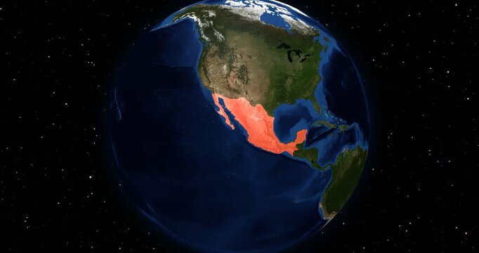 Mexico on the Globe. Zoom into the country with the Earth spinning in space. High detail physical world map with Mexico on it. Country view animation. Elements of this image furnished by NASA.