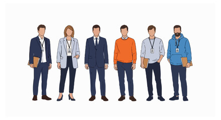 Fototapeta premium Six people wearing different professional and casual outfits with identification badges around their necks stand in a row on a plain white background.
