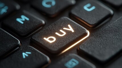 Obraz premium Illuminated Buy Button on a Black Keyboard Symbolizing Online Shopping and E-commerce Transactions