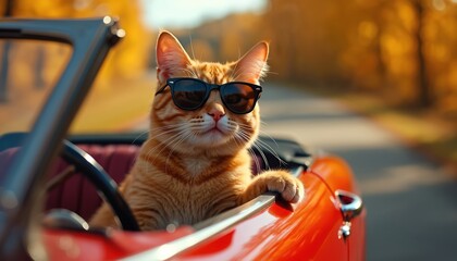 Orange tabby cat wearing sunglasses drives red convertible car on autumn road. Feline enjoys sunny day travel, cool pet rides in convertible auto, scenic autumn drive.