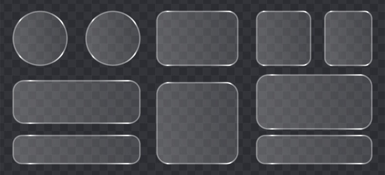 Set of glassmorphism style frames, buttons and banners with rounded corners