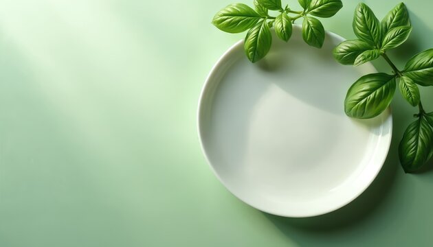 Empty white plate with fresh green basil sprigs on a pastel green background. Minimalist layout suggests healthy eating and natural ingredients for cooking or recipes.