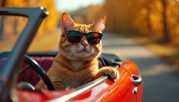 Orange tabby cat wearing sunglasses drives red convertible car on autumn road. Feline enjoys sunny day travel, cool pet rides in convertible auto, scenic autumn drive.