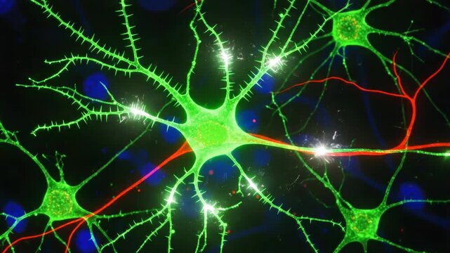 A microscopic view of a network of glowing green neurons with red extensions against a dark background