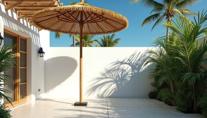 Obraz premium Sunny tropical patio with white walls wooden pergola and straw umbrella. Rich green plants cast palm leaf shadows on clean floor. Bright daytime sky over exotic vacation spot.