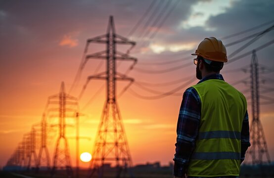 Man in hard hat and safety vest watches sunset near power lines. Electrical engineer surveys transmission towers at dusk. Industrial infrastructure against orange sky.