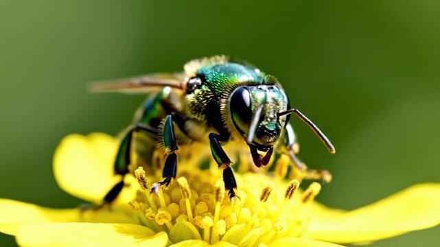 A metallic green insect collects nectar from a bright yellow flower